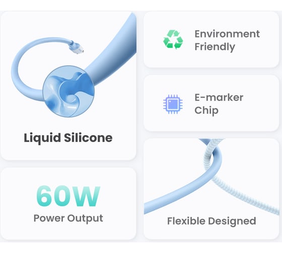 Кабель Ugreen US563 (15279) USB-C to USB-C Silicone Fast Charging Cable. Длина: 1м. Цвет: голубой 15279_