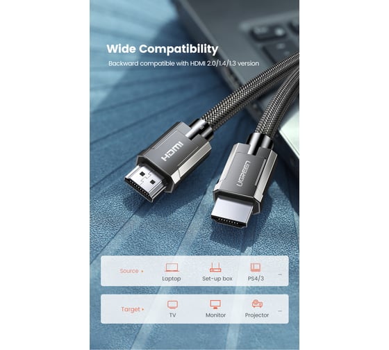 Кабель Ugreen HD135  8K HDMI 2.1 Male To Male Cable в оплетке. Длина 1 м. Цвет: серый 70319