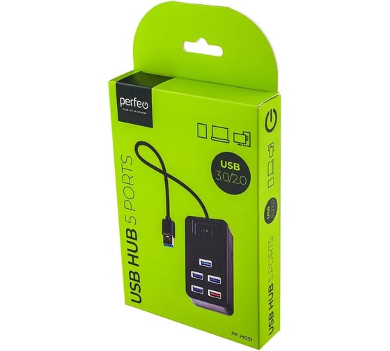 Разветвитель Perfeo USB-HUB 1 Port 3.0+4 Port 2.0 (PF-H051 Black) чёрный 30020208