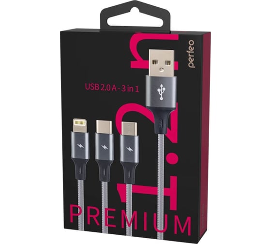Кабель Perfeo USB A вилка - 3 в 1 (Micro+Type-C+8 PIN) (U5002) 30018756