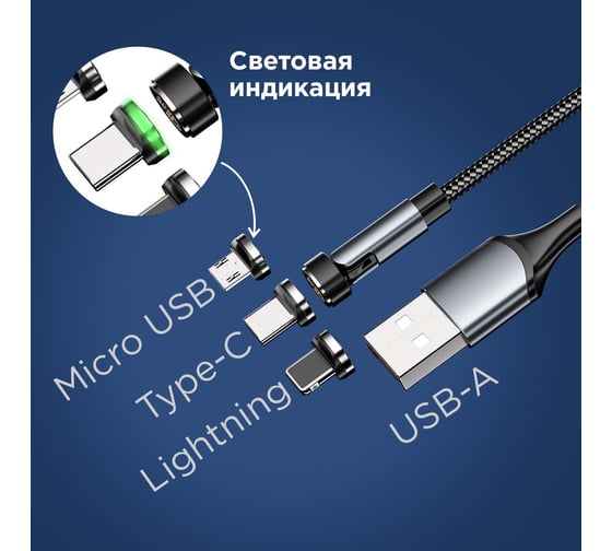 Кабель REXANT USB 3в1 со съемными магнитными портами, Type-С (2A), Lightning (2,4A), Micro USB (2A), 1,2м, черный, с LED подсветкой 18-7076