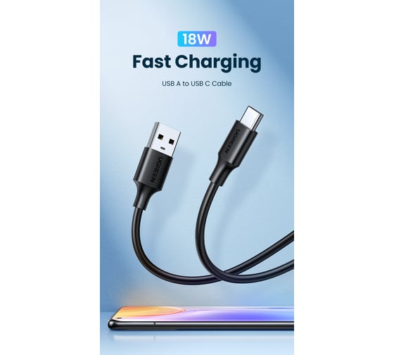 Кабель Ugreen US287 (60118) USB-A 2.0 to USB-C Cable Nickel Plating. Длина 2м. Цвет черный 60118_