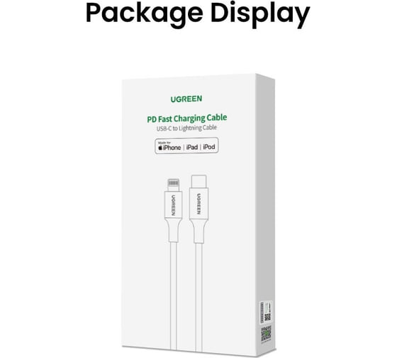 Кабель Ugreen US304 USB-C to Lightning M M Cable Aluminum Shell Braided. Длина 2 м. Цвет серебристый 70525