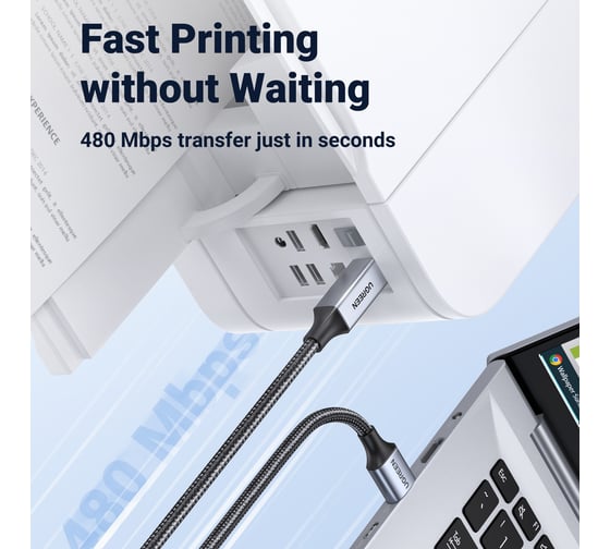 Кабель Ugreen US369 USB-A Male to USB-B 2.0 Printer Cable Alu Case with Braid для подключения принтера. Длина: 3м. Цвет черный 80804