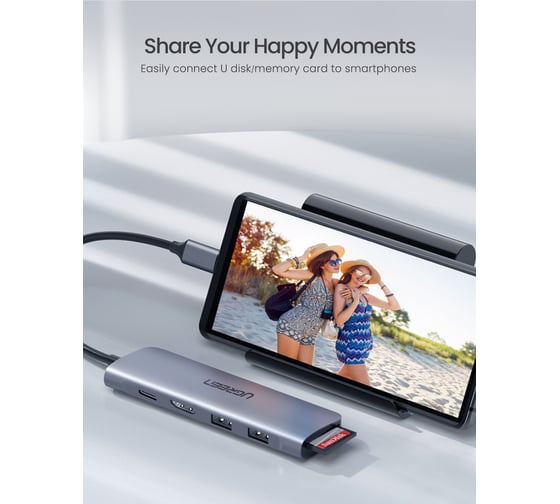Конвертер Ugreen CM195 (15214) USB-C To HDMI+2 USB 3.0 A+ USB-C+SD00000+TF+PD Converter. Цвет серый космос 15214_