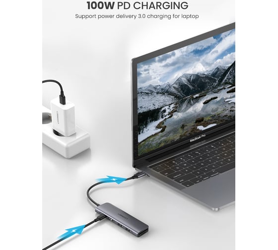 Конвертер Ugreen CM195 (15214) USB-C To HDMI+2 USB 3.0 A+ USB-C+SD00000+TF+PD Converter. Цвет серый космос 15214_