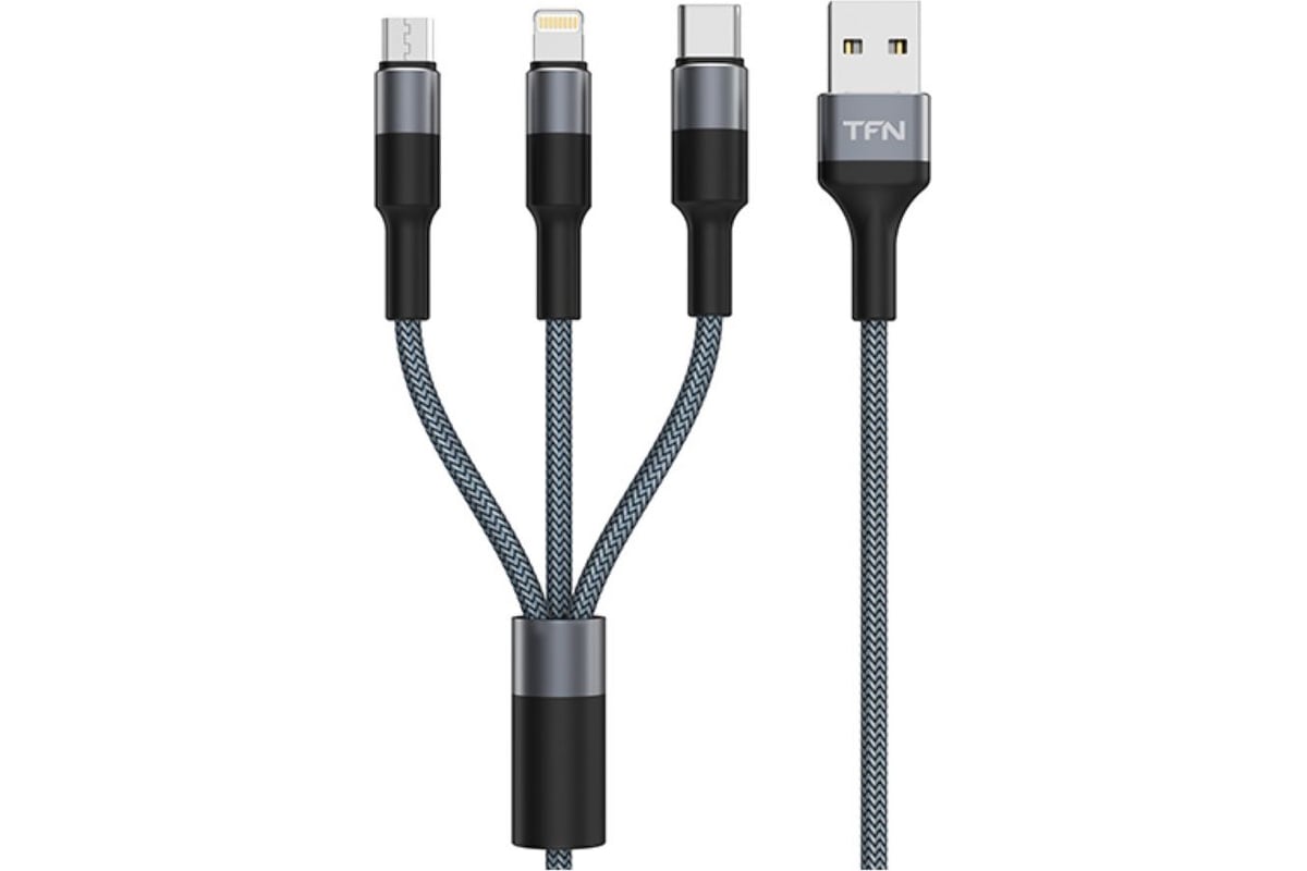 Кабель для сотового телефона TFN 3в1 USB-A/Lightning+USB-C+microUSB 1.2м,  graphite -CFZ3IN1GR - выгодная цена, отзывы, характеристики, фото - купить  в Москве и РФ