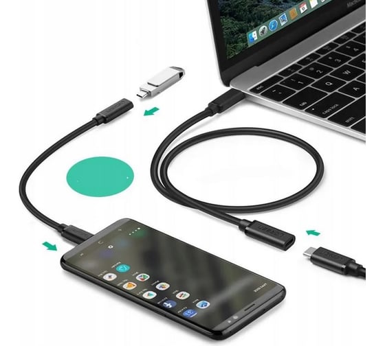 Кабель UGREEN USB-C папа на USB-C мама Gen2 5A, 10Gbps, 1м, цвет черный 10387