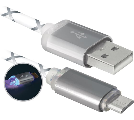 USB кабель Defender USB08-03LT, USB2.0, серый, LED, AM-MicroBM, 1м 87554