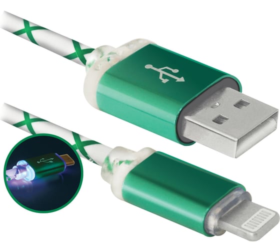 USB кабель DEFENDER ACH03-03LT, LED, USB-Lightning, 1м, зеленый 87553 1