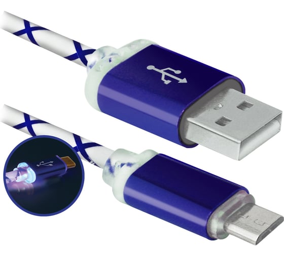 USB кабель DEFENDER USB08-03LT, USB2.0, LED, AM-MicroBM, 1м, голубой 87555 1