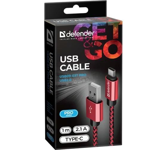 USB кабель DEFENDER USB09-03T PRO USB2.0 Красный, AM-Type-C, 1m, 2.1A 87813