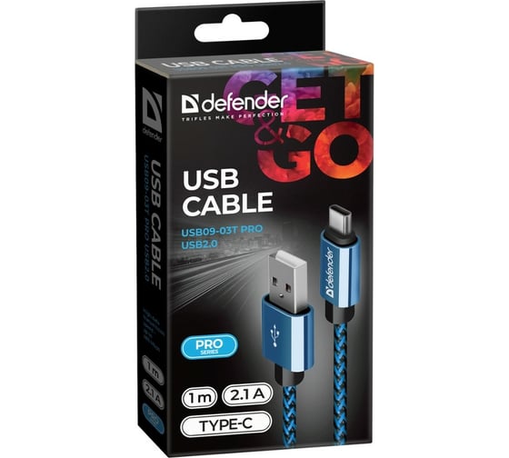 USB кабель DEFENDER USB09-03T PRO USB2.0 Синий, AM-Type-C, 1m, 2.1A 87817