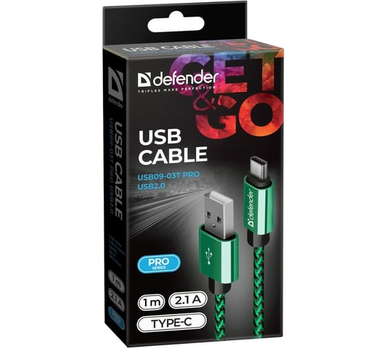 USB кабель DEFENDER USB09-03T PRO USB2.0 Зеленый, AM-Type-C, 1m, 2.1A 87816