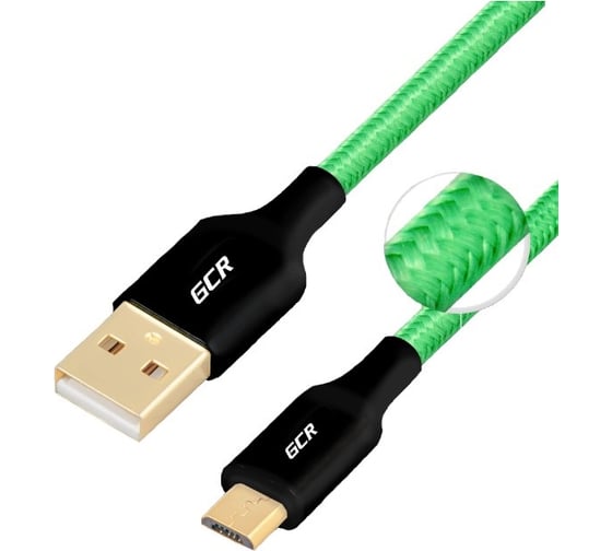 Кабель MicroUSB GCR 2,0m GOLD для Samsung ОS Android зелёный нейлон VIV51I100 1