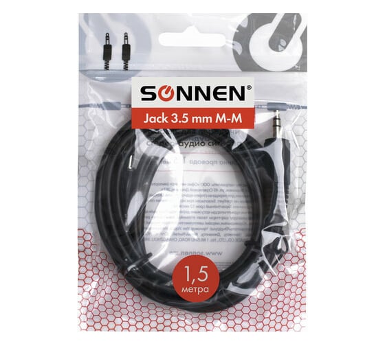 Кабель SONNEN Jack 3.5 mm M-M 1,5м для передачи стерео-аудио, черный 513119