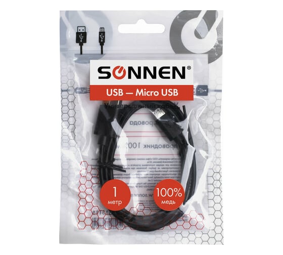 Кабель SONNEN USB2.0-micro USB 1м медь для передачи данных и зарядки черный 513115 2