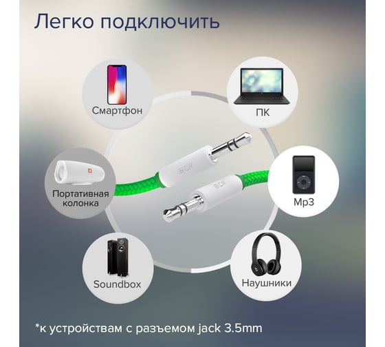 Кабель аудио jack 35mm-jack 35mm GCR 1.5m зелёный нейлон, белые коннекторы VIVAVIC8262-1.5m