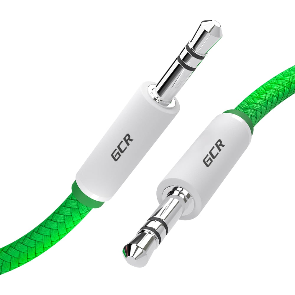 Кабель аудио jack 35mm-jack 35mm GCR 1.0m зелёный нейлон, белые ...
