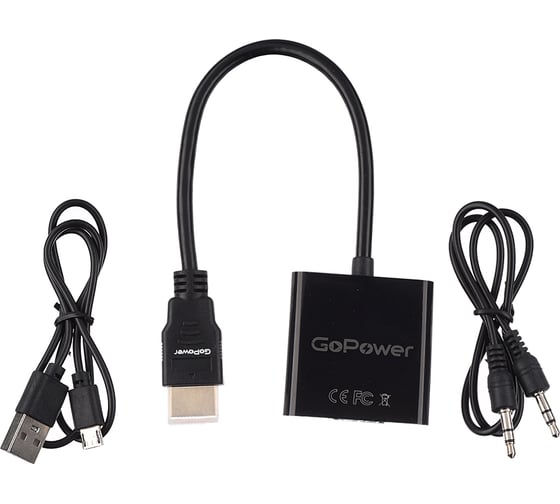 Переходник GoPower HDMI (m)-VGA (f) с питанием со звуком черный Premium Zip-Lock c подвесом 00-00027496