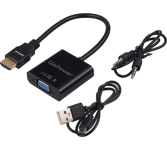 Переходник GoPower HDMI (m)-VGA (f) с питанием со звуком черный Premium Zip-Lock c подвесом 00-00027496
