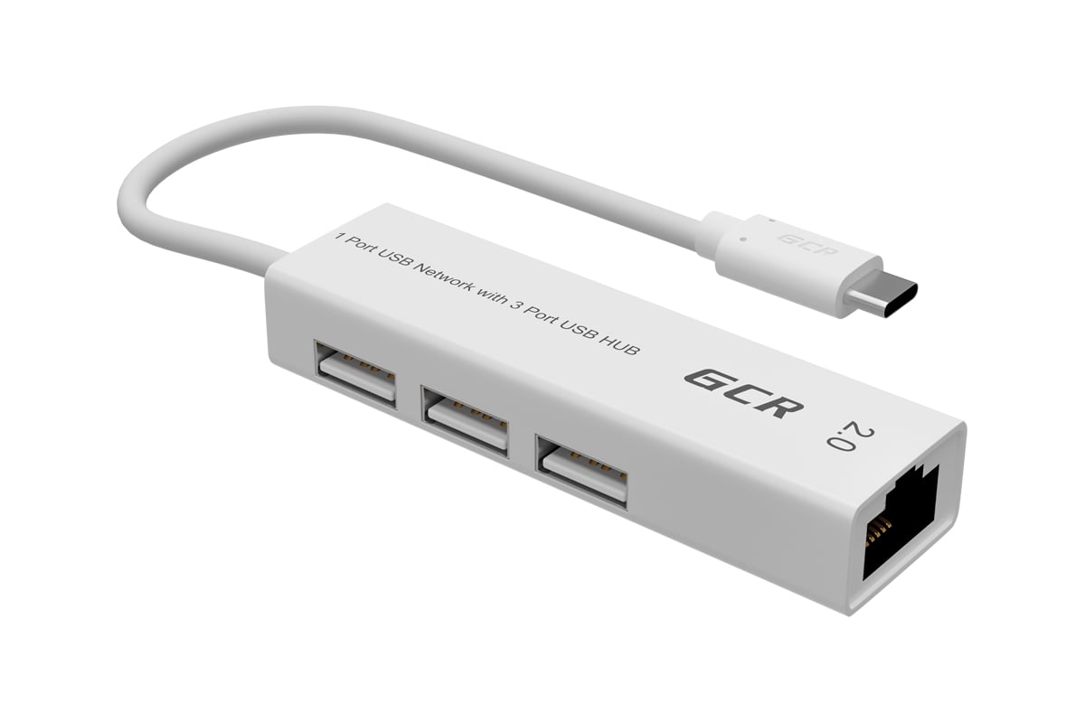 Разветвитель на 3 порта GCR сетевой адаптер белый Type C 3.1- Ethernet ...