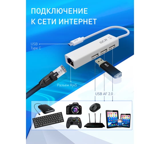 Разветвитель на 3 порта GCR сетевой адаптер белый Type C 3.1- Ethernet RJ-45 F Lan Card + USB 2.0 VIVUCI2CL02