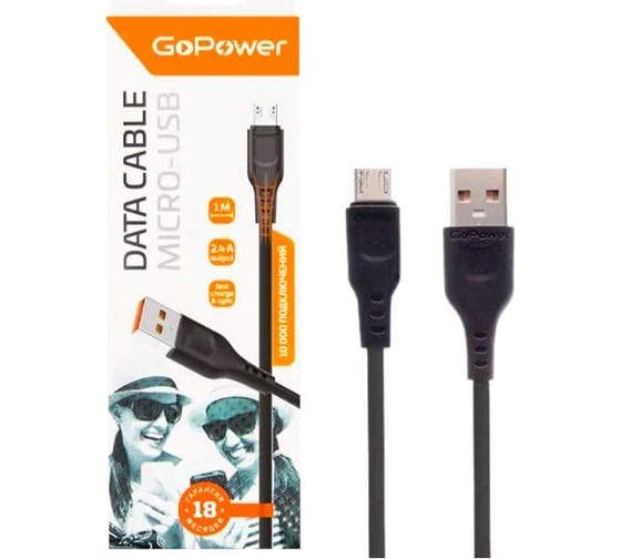 Кабель GoPower GP01M USB (m)-microUSB (m) 1.0м 2.4A ПВХ черный 00-00018564 1