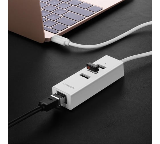 USB Type C -> Ethernet RJ-45 F Lan Card + USB 2.0-разветвитель GCR на 3 порта белый VIV52I343
