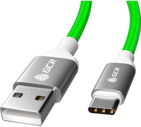 Кабель TypeC GCR QC 1.0m быстрая зарядка, зеленый нейлон, AL корпус серебро, белый ПВХ VIV52I497