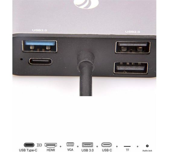 Адаптер VCOM USB 3.1 Type-C/M - HDMI+VGA+3XUSB+PD charging+TF+AUDIO, Aluminum Shell, CU425