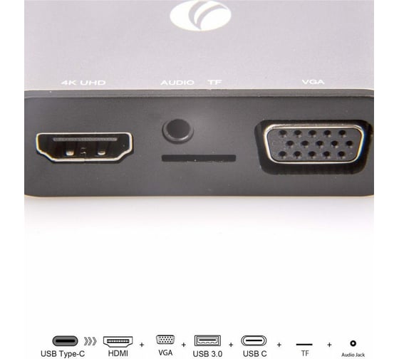 Адаптер VCOM USB 3.1 Type-C/M - HDMI+VGA+3XUSB+PD charging+TF+AUDIO, Aluminum Shell, CU425