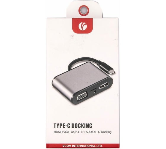 Адаптер VCOM USB 3.1 Type-C/M - HDMI+VGA+3XUSB+PD charging+TF+AUDIO, Aluminum Shell, CU425