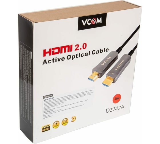 Активный оптический кабель VCOM HDMI 19M/M, ver. 2.0, 4K 60 Hz, 20m D3742A-20M