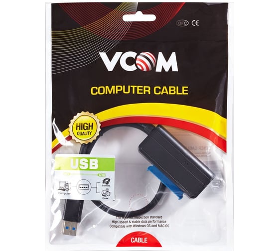 Кабель-адаптер VCOM USB 3.0 - SATA III 2.5/3,5+SSD, правый угол, CU817