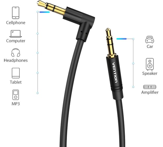 Аудио кабель Vention Jack 3,5 mm M/Jack 3,5 mm M угол 90 - 1м, черный BAKBF-T