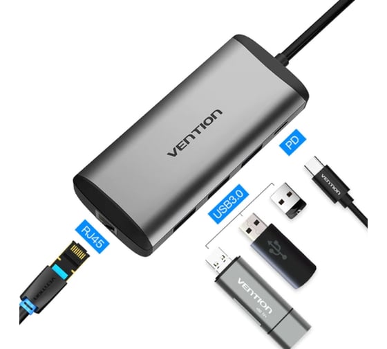 Сетевой адаптер Vention USB-C M/ Gigabit Ethernet RJ45 F/OTG хаб 3xUSB 3.0/PD TGDHB