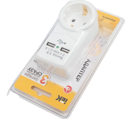 Адаптер IEK Т-01 01 1 место, 2P+PE, 16А, 2хUSB 2,1A, белый WTP10-16-01-ZKU-K01