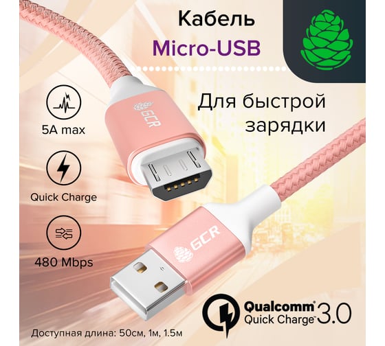 Кабель MicroUSB GCR 0.5m быстрая зарядка, розовый нейлон, AL корпус розовый, белый ПВХ 28-24 AWG VIV52I464
