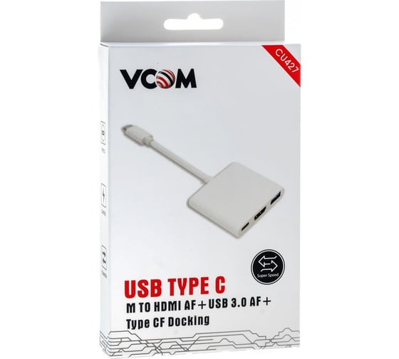 Кабель-адаптер VCOM USB3.1 Type-C/M - HDMI-F+USB3.0-F+TypeC-F with PD, 0,15m CU427
