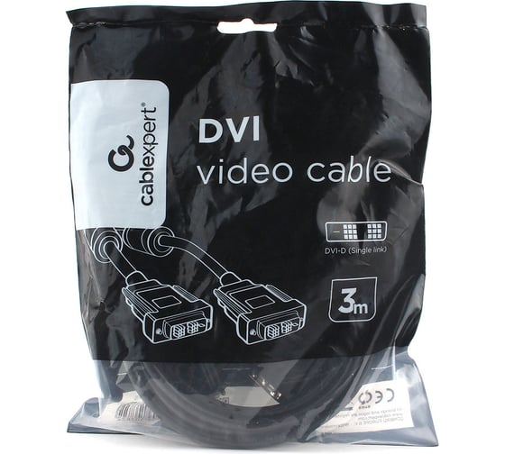 Кабель Cablexpert DVI-D single link 19M/19M экран, феррит.кольца, CCS, 3м, черный, пакет CC-DVIL-BK-10