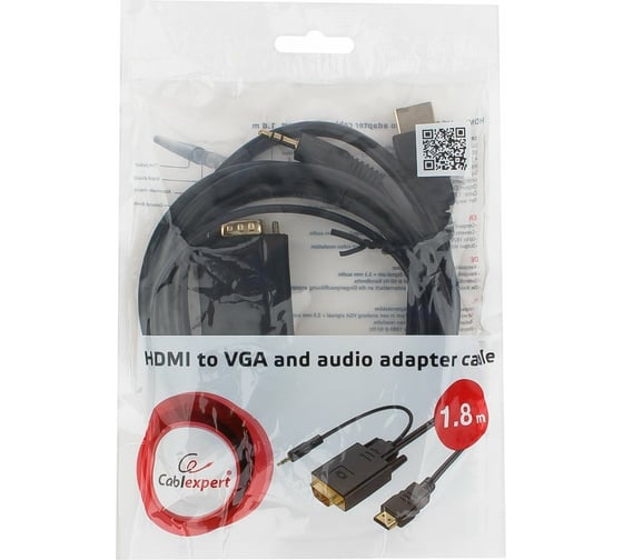 Кабель Cablexpert HDMI-VGA 19M/15M + 3.5Jack 1.8м черный медь, позол.разъемы пакет A-HDMI-VGA-03-6