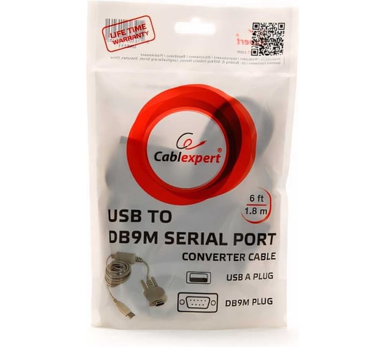 Конвертер Cablexpert COM - USB порт AM/ DB9M, чип CH343, Pro, 1.8м, белый, пакет UAS111