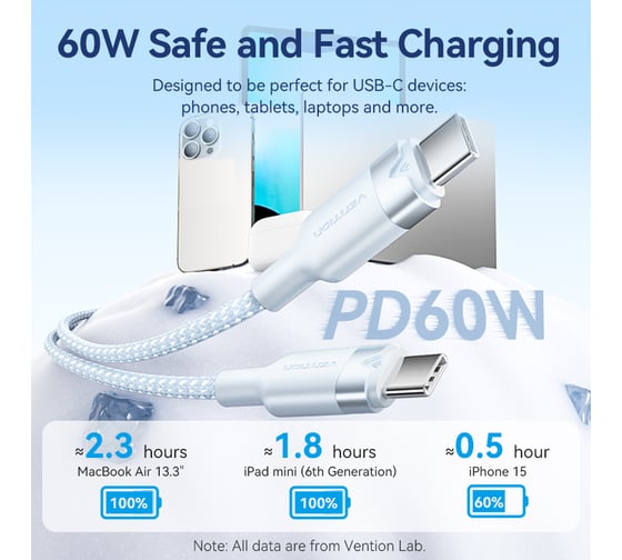 Кабель VENTION USB 2.0 CM/CM - 1м. Черный 3А PD60W TRDBF