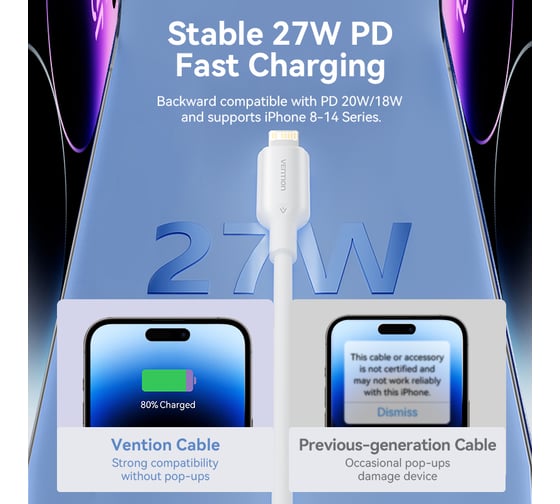 Кабель VENTION USB 2.0 CM/Lightning 8M для iPad/iPhone 3A - 1м. Голубой LAKSF