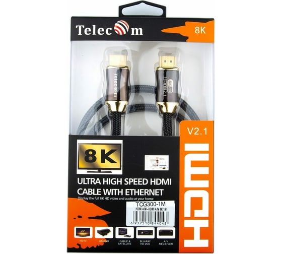 Кабель Telecom, HDMI 19M/M, ver. 2.1, 8K 60 Hz 1m металлические разъемы, нейлоновая оплетка TCG300-1M