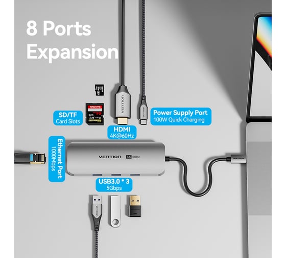 Мультифункциональный хаб VENTION USB Type C 8 в 1 TQKHB
