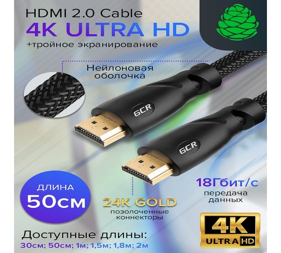 Кабель GCR 0.5m HDMI 2.0 чёрный нейлон 28-28 AWG 3 X экран VIVHMI811-0.5m