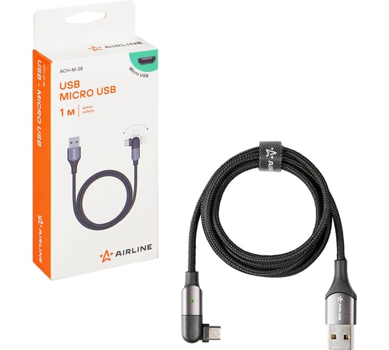 Кабель Airline USB - microUSB 1м, с поворотным коннектором, черный нейлоновый ACH-M-28