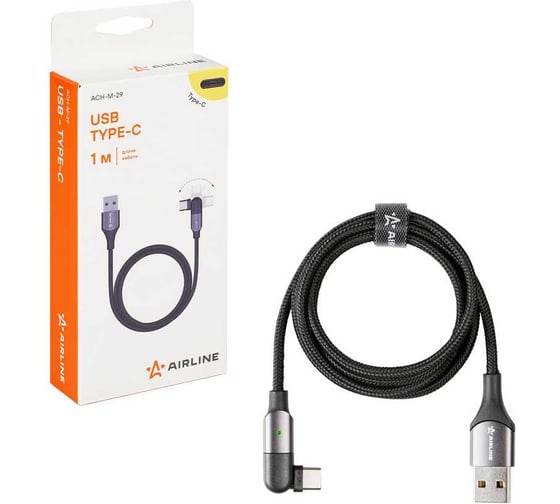 Кабель Airline USB - Type-C 1м, с поворотным коннектором, черный нейлоновый ACH-M-29 1